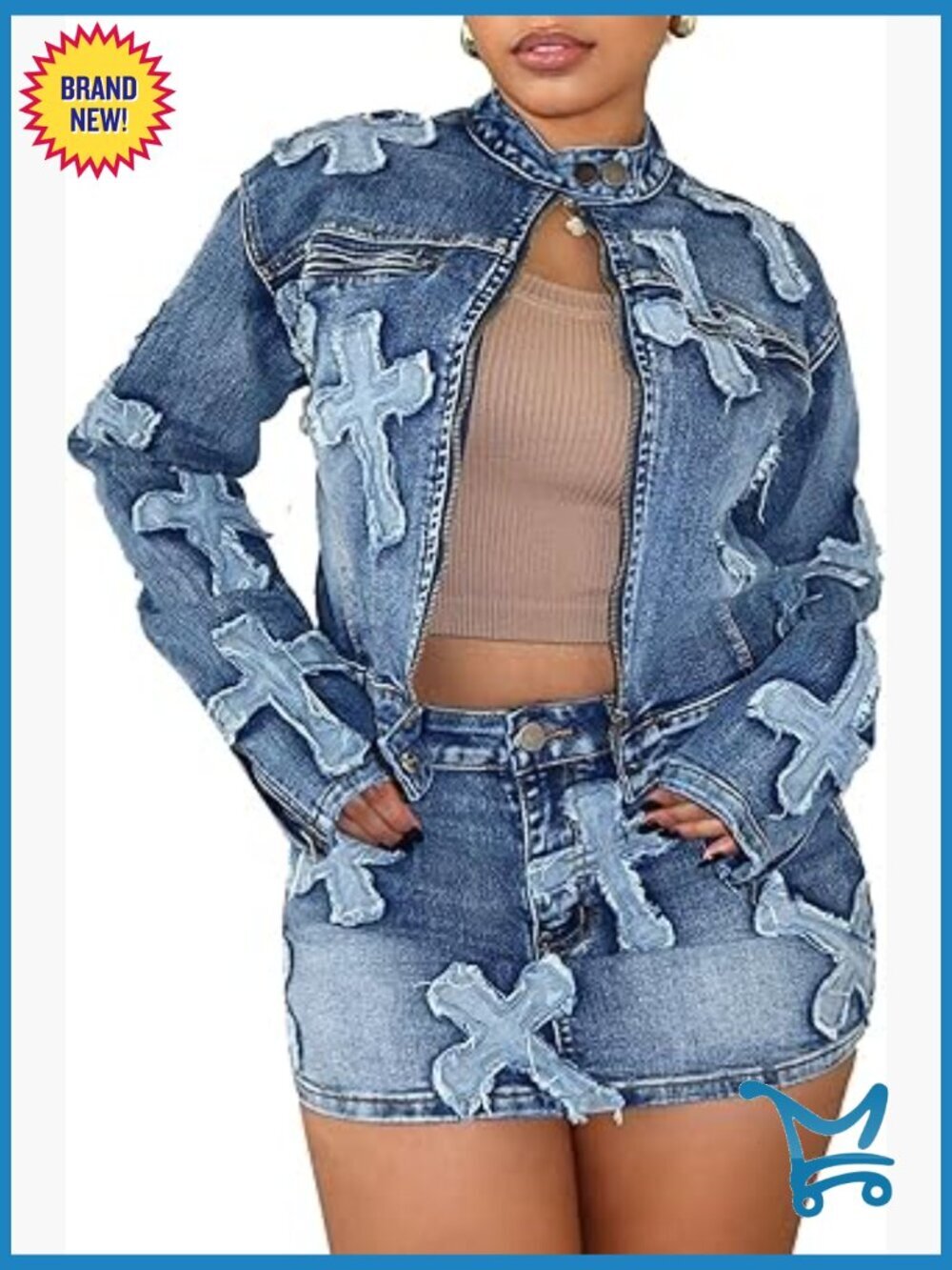 2 Piece Denim Skirt Set - Long Sleeve Zipper Jacket & Bodycon Mini Skirt